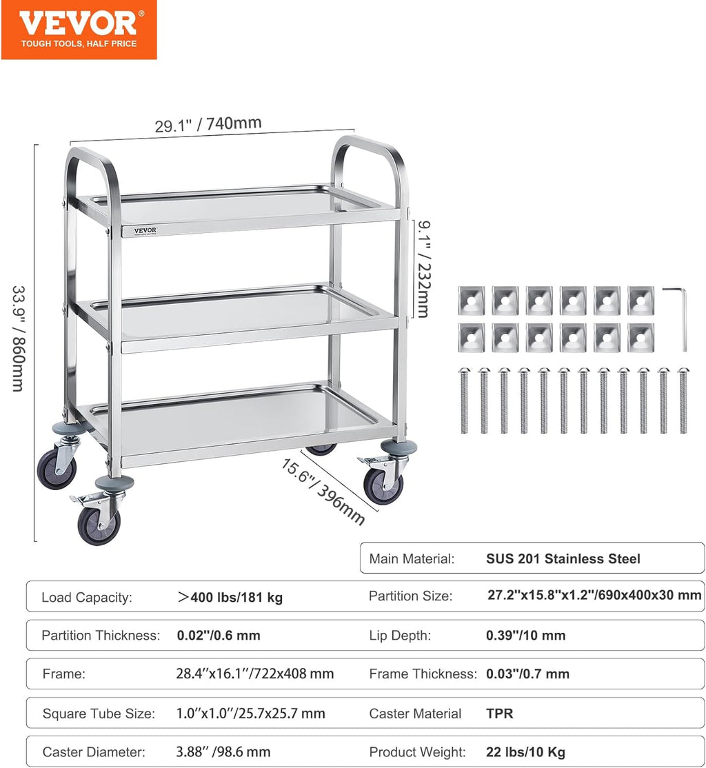 Stainless Steel 3 Shelves Rolling Lab Cart with Foot Brake T7239