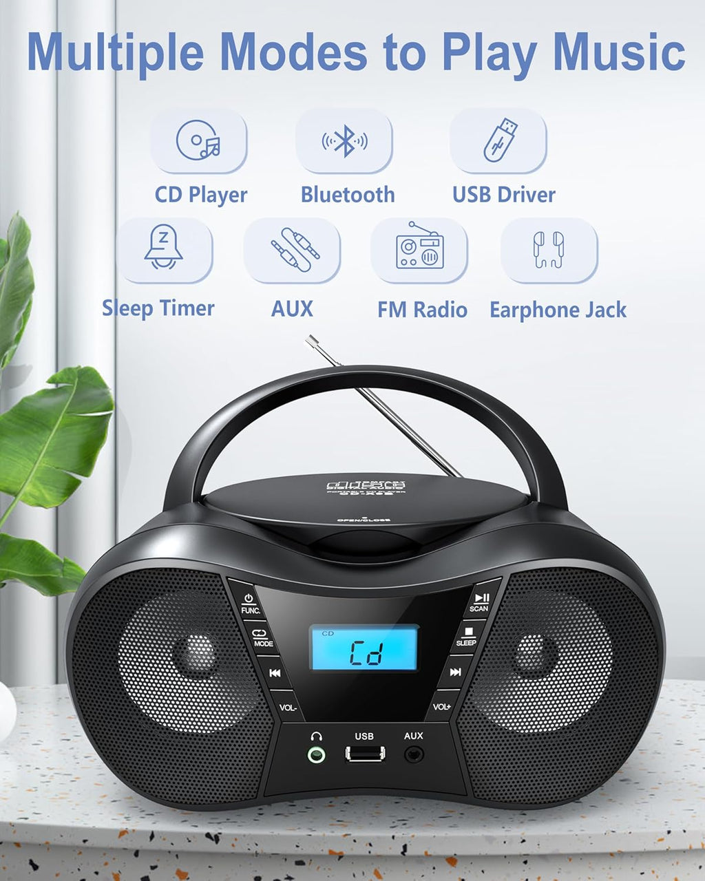 Portable CD Player Boombox with FM Radio, Bluetooth, LCD Display, USB/AUX Input, AC/Battery Powered O860
