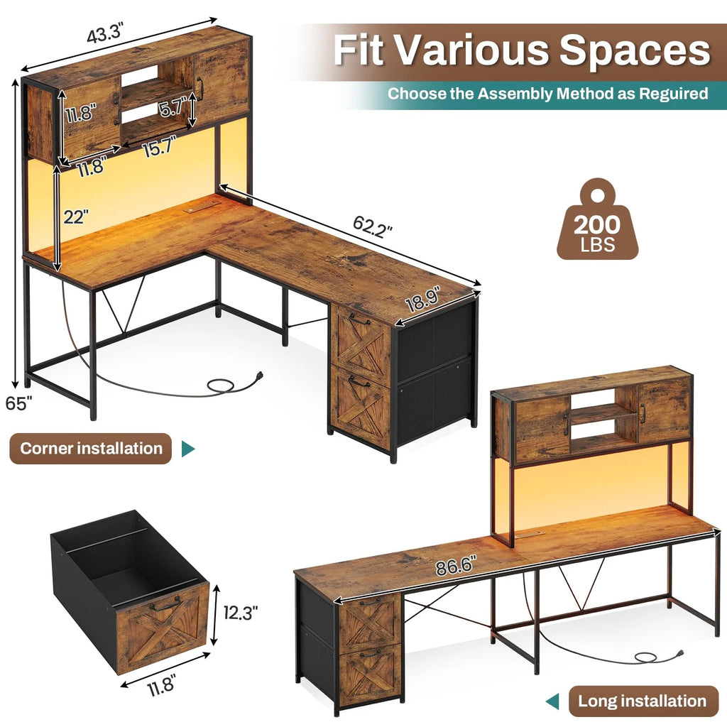 Rustic Brown L Shaped Desk with Fabric Drawers and Power Outlet S71142