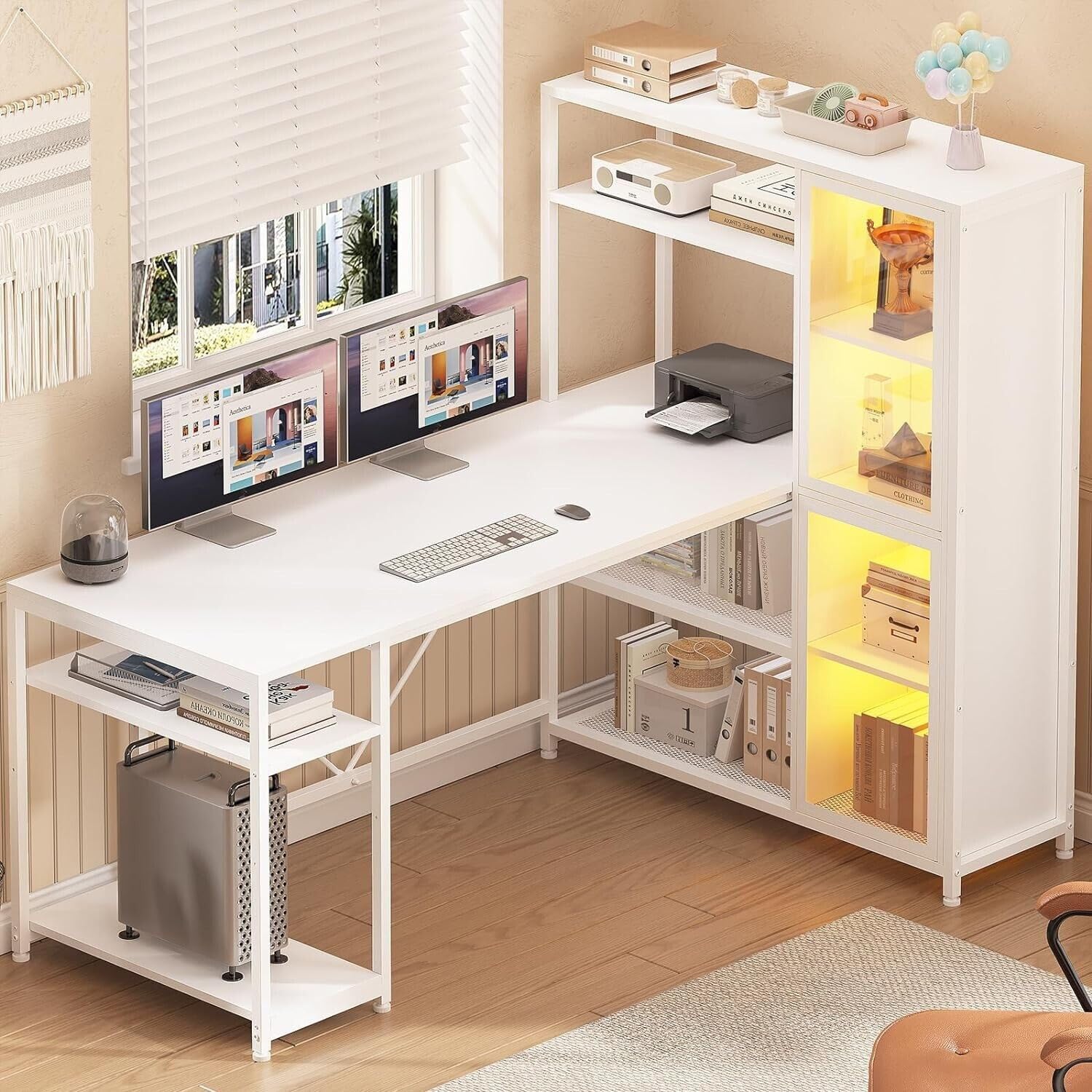 White L Shape Computer Desk with LED Light Shelves H907