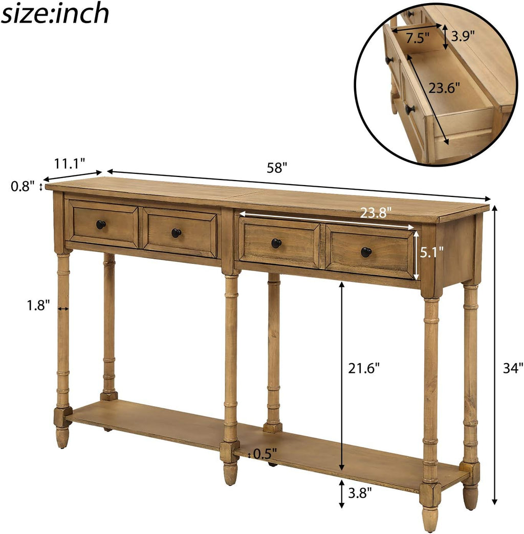Old Pine Solid Wood Console Sofa with Two Storage Drawers and Bottom Shelf X61086