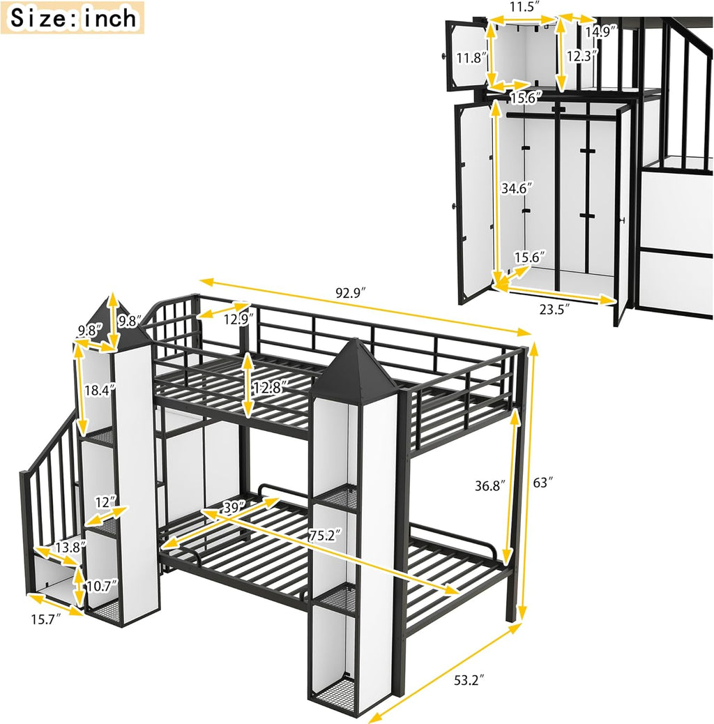 Black+White Twin Over Twin Metal Bunk Bed with Stairs and Storage Z273