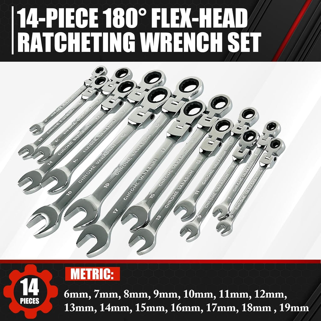 14-Piece 180° Flex-Head Ratcheting Wrench Set Metric 6-19mm 72 Teeth CR-V Steel C202029