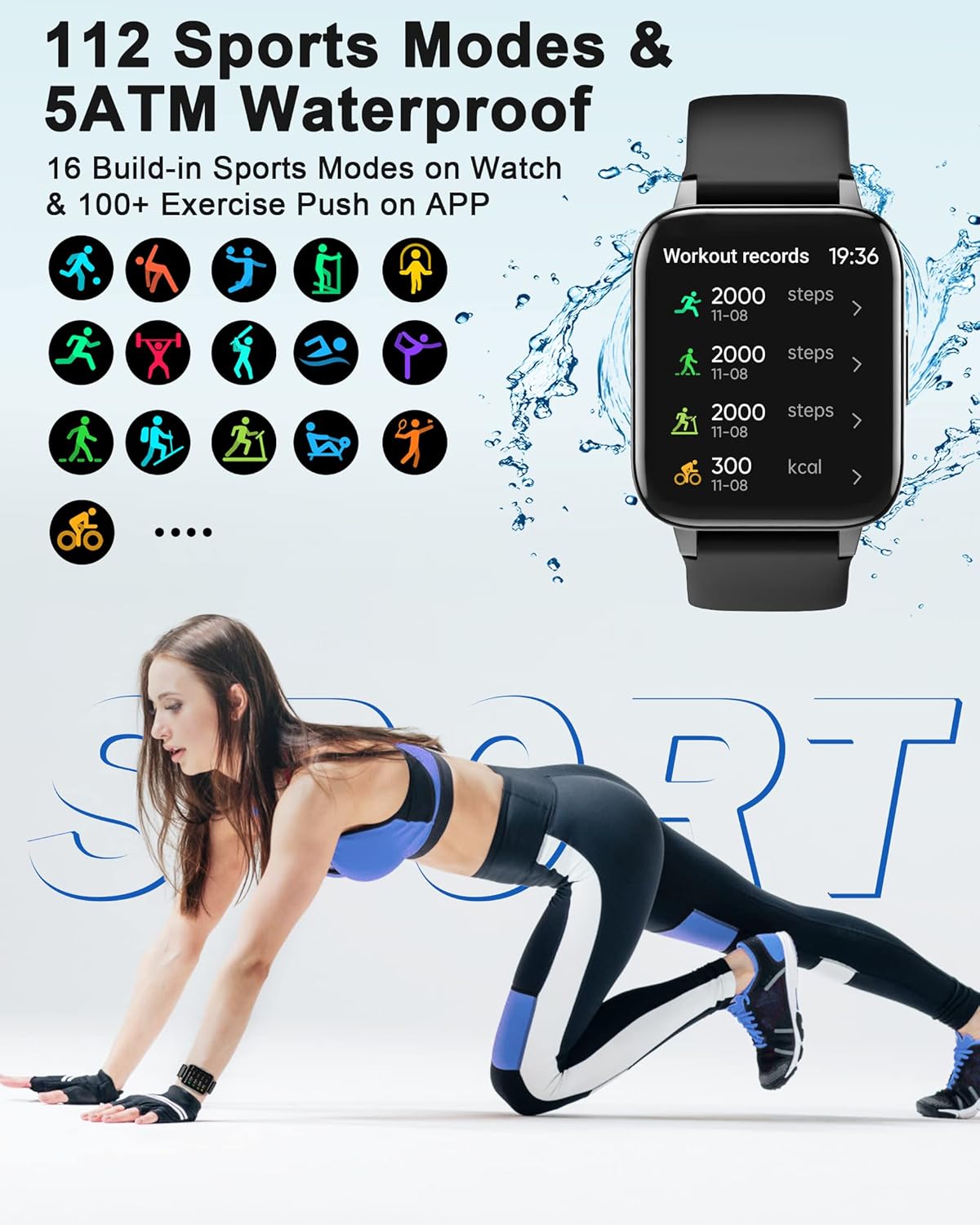 1.7" Smartwatch with Heart Rate SpO2 Sleep Monitor, 5ATM Waterproof Fitness Watch A5820