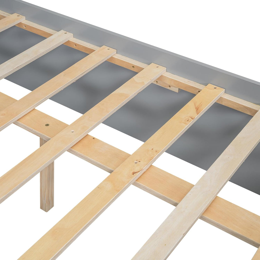Gray Queen Size Wooden Platform Bedframe with Bookcase Headboard and 2 Storage Drawers R76788