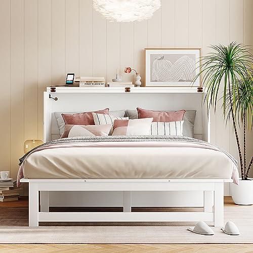 Queen Size Wood Murphy Bed with Bookcase and Storage Drawer R33530