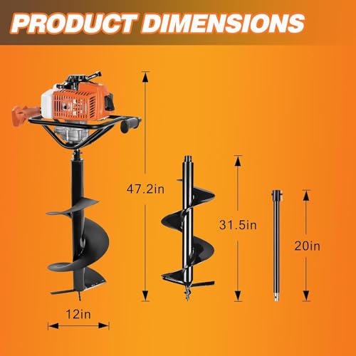 54cc Gas Powered 2 Cycle Earth Auger with 4 Drill Bits 4" 6" 8" 12" and Extension Rod 12" 20" R31238