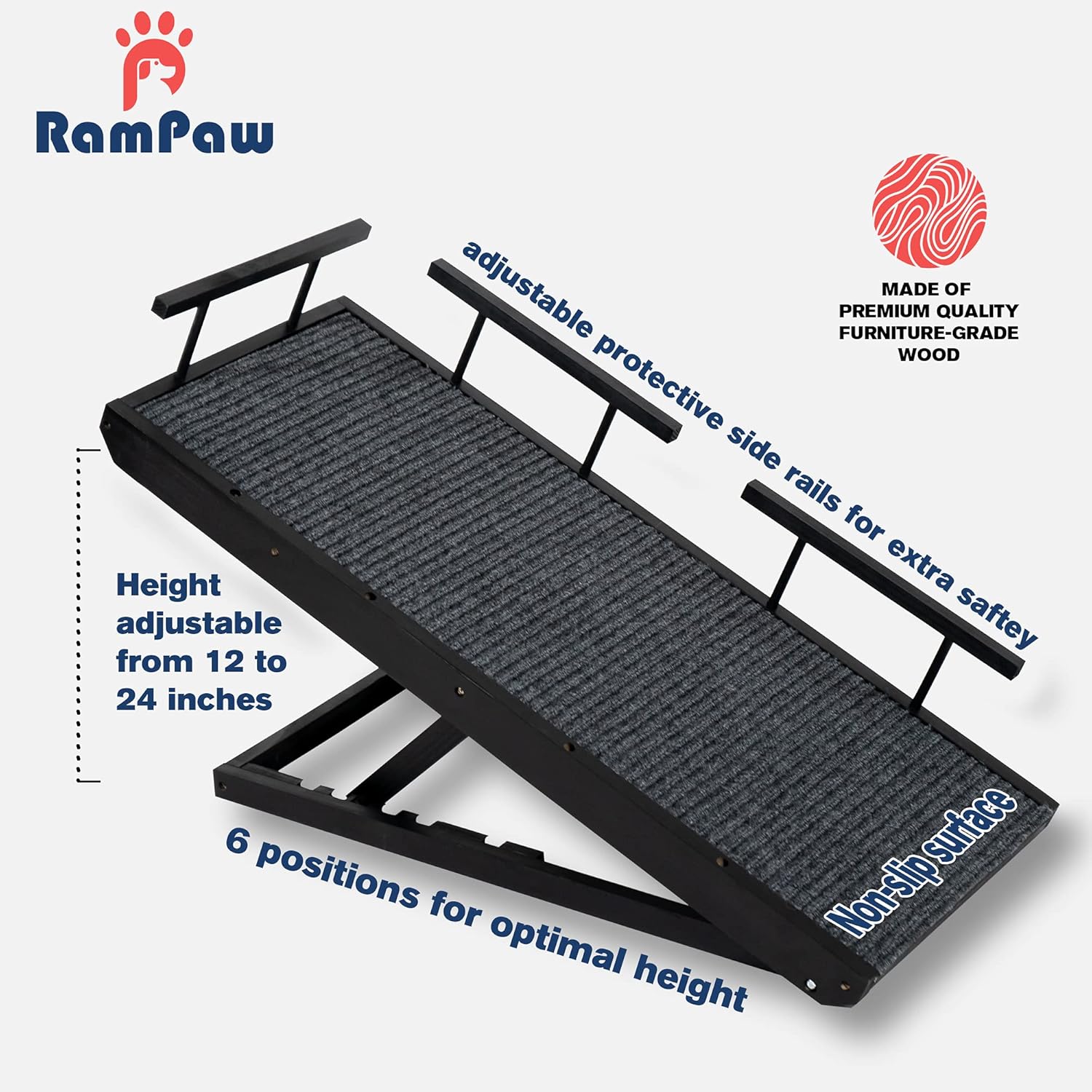 Adjustable Pet Ramp with Non Slip Traction Mat, Safety Side Rails (Black) D594607