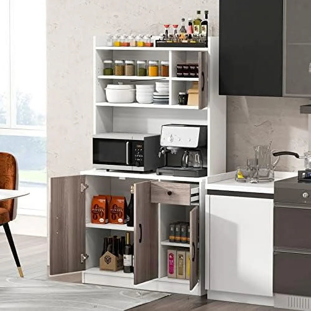 White Freestanding Kitchen Pantry Cabinet with 3 Cabinets & Drawer H337