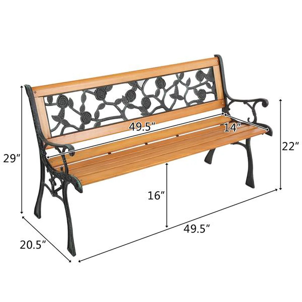 49-Inch Cast Iron Steel Frame Hardwood Garden Bench with Floral Design Backrest E14993