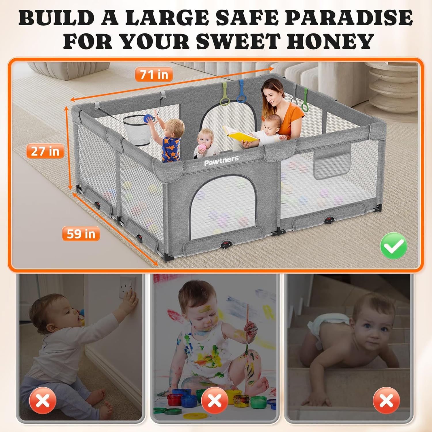 71"L x 59"W x 27"H Large Portable Baby Playpen with 50PCS Ocean Ball O50723