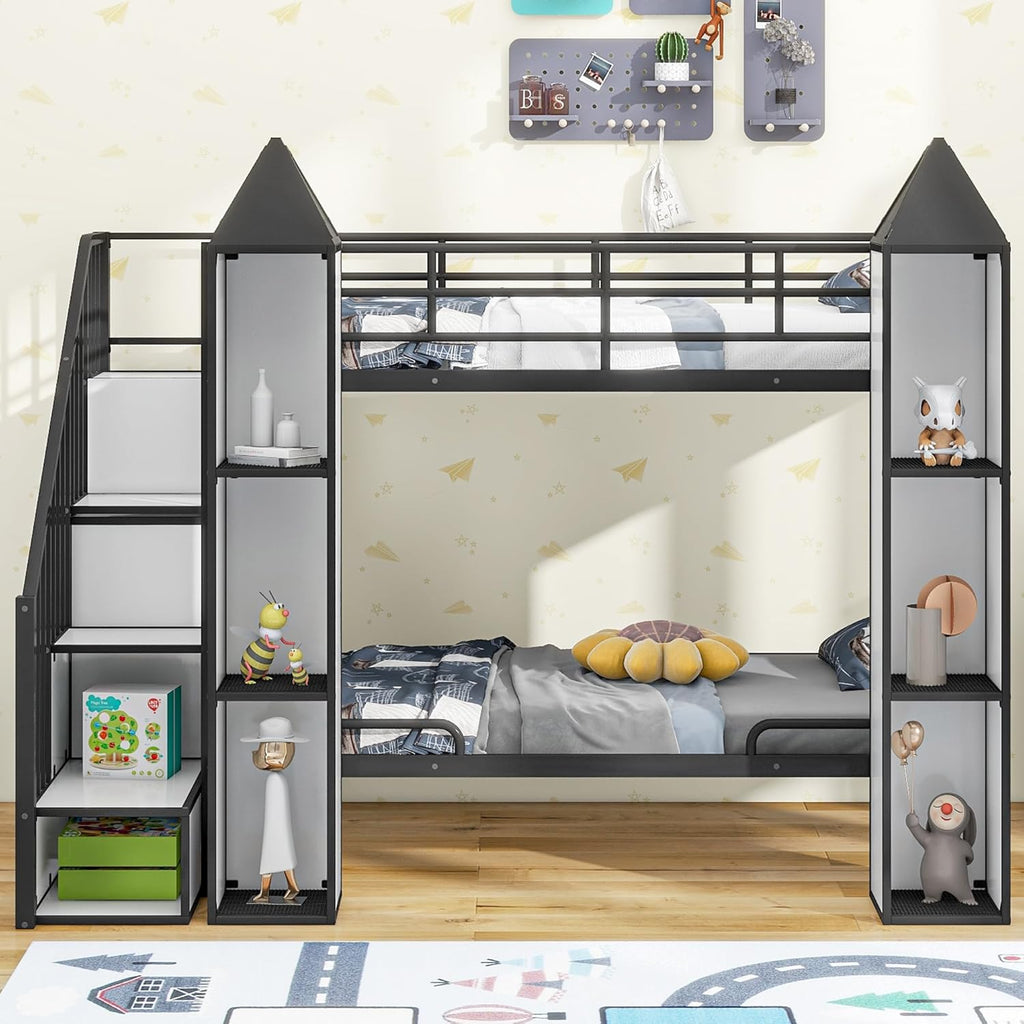 Black+White Twin Over Twin Metal Bunk Bed with Stairs and Storage Z273