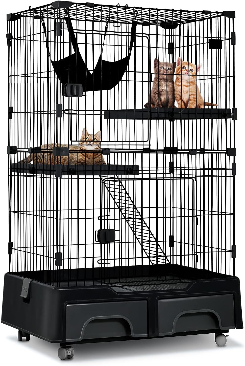 Large Metal Wire Cat Cage with Litter Box & 2 Front Door & Ramp Ladders & 2 Resting Platforms Tray I5908