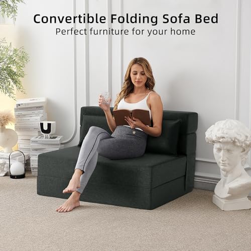 Dark Green Full Size Linen Folding Sofa Bed K39241