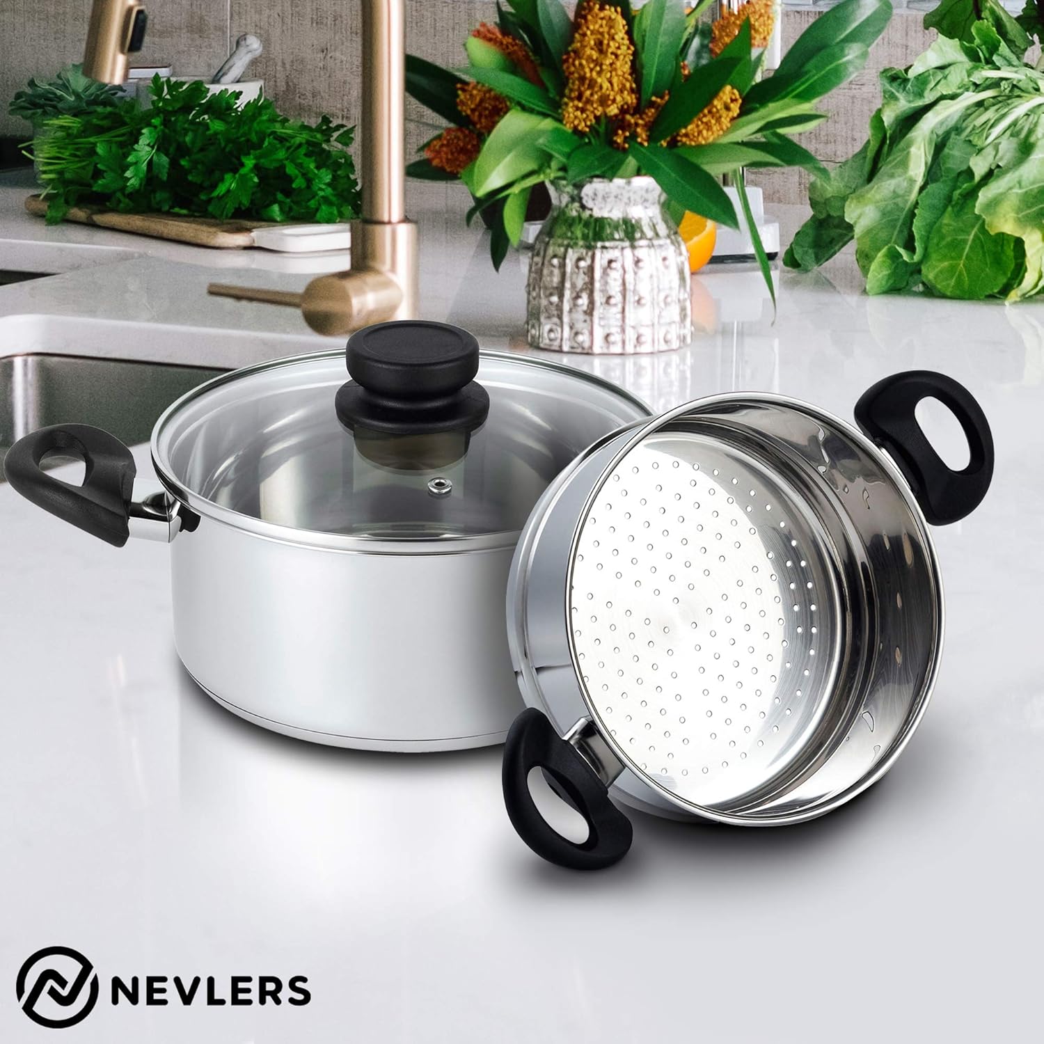 Stainless Steel 3 Quart Steamer Pot with 2 Quart Steamer Insert plus Vented Lid 3 Piece Set U160