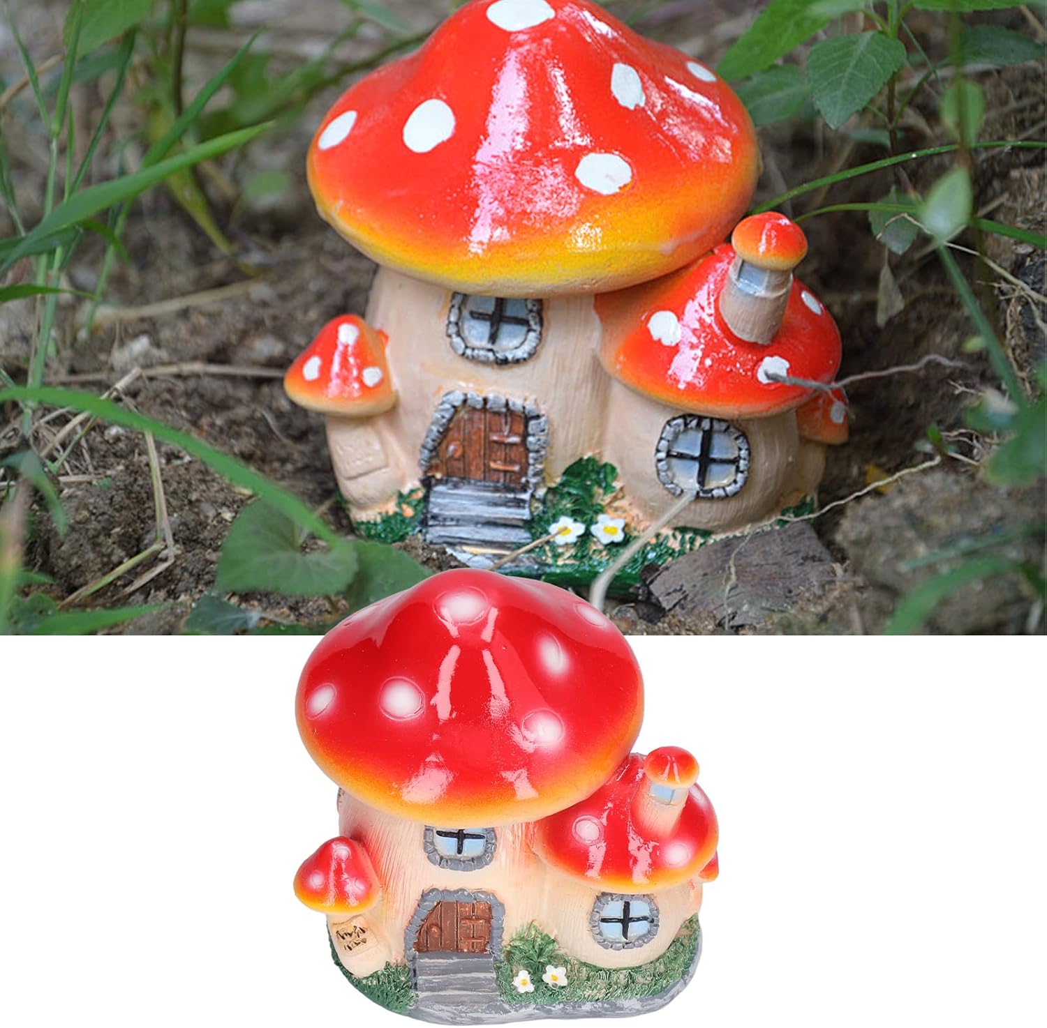 Red Synthetic Resin Mushroom House Sculpture 3.9x3.1x3.7 inch U528
