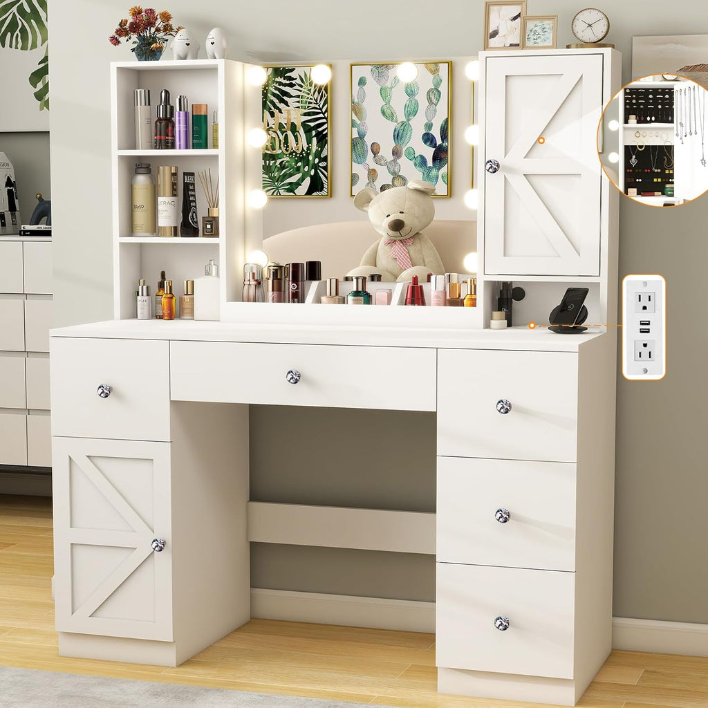 White 45" Makeup Vanity Desk with Lighted Mirror & Jewelry Cabinet, 5 Drawers Q271