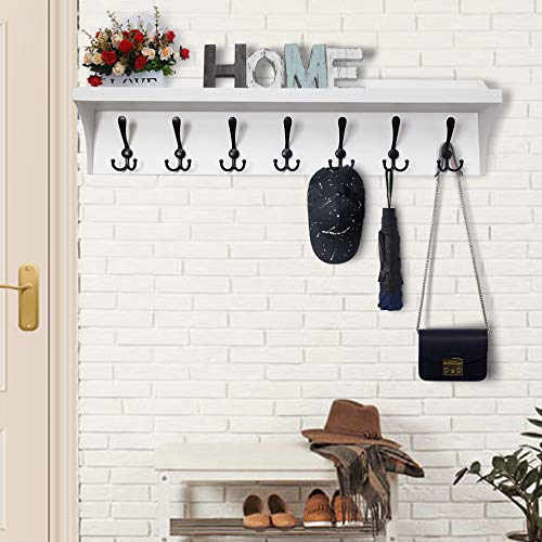 White 24” Solid Pine Wood Wall Shelf with 5 Hooks Q55203