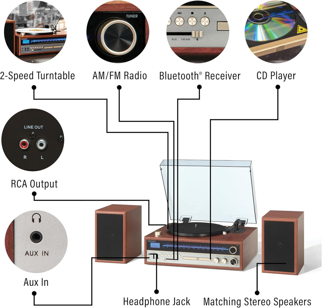 Walnut Turntable System with Bluetooth, CD, AM/FM and Speakers K855