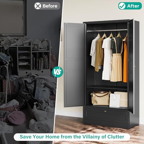 White Metal Wardrobe Cabinet with Adjustable Shelves and Hanging Rod A913069