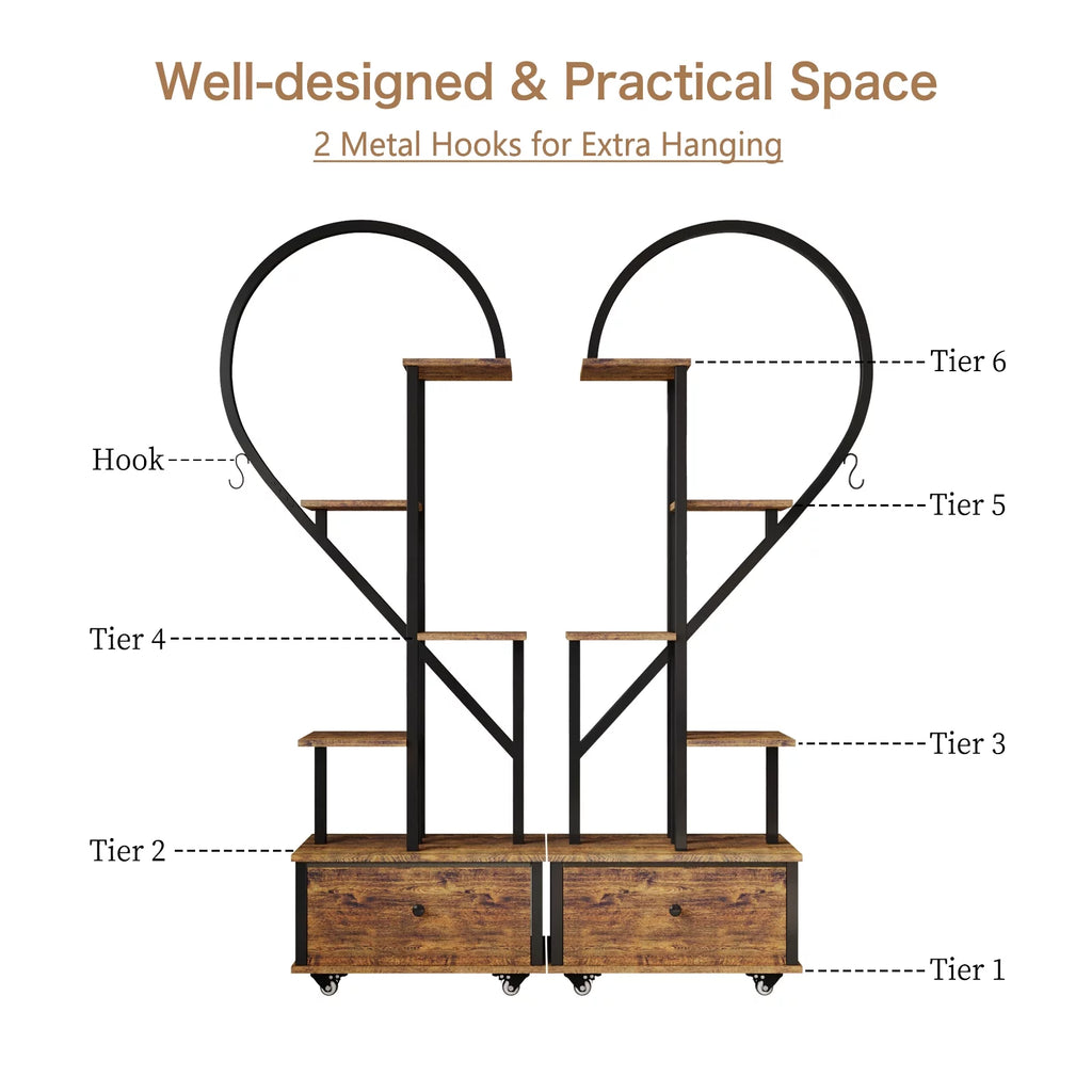 6 Tier Metal Plant Stand with Drawer and Roller, 2pcs S796