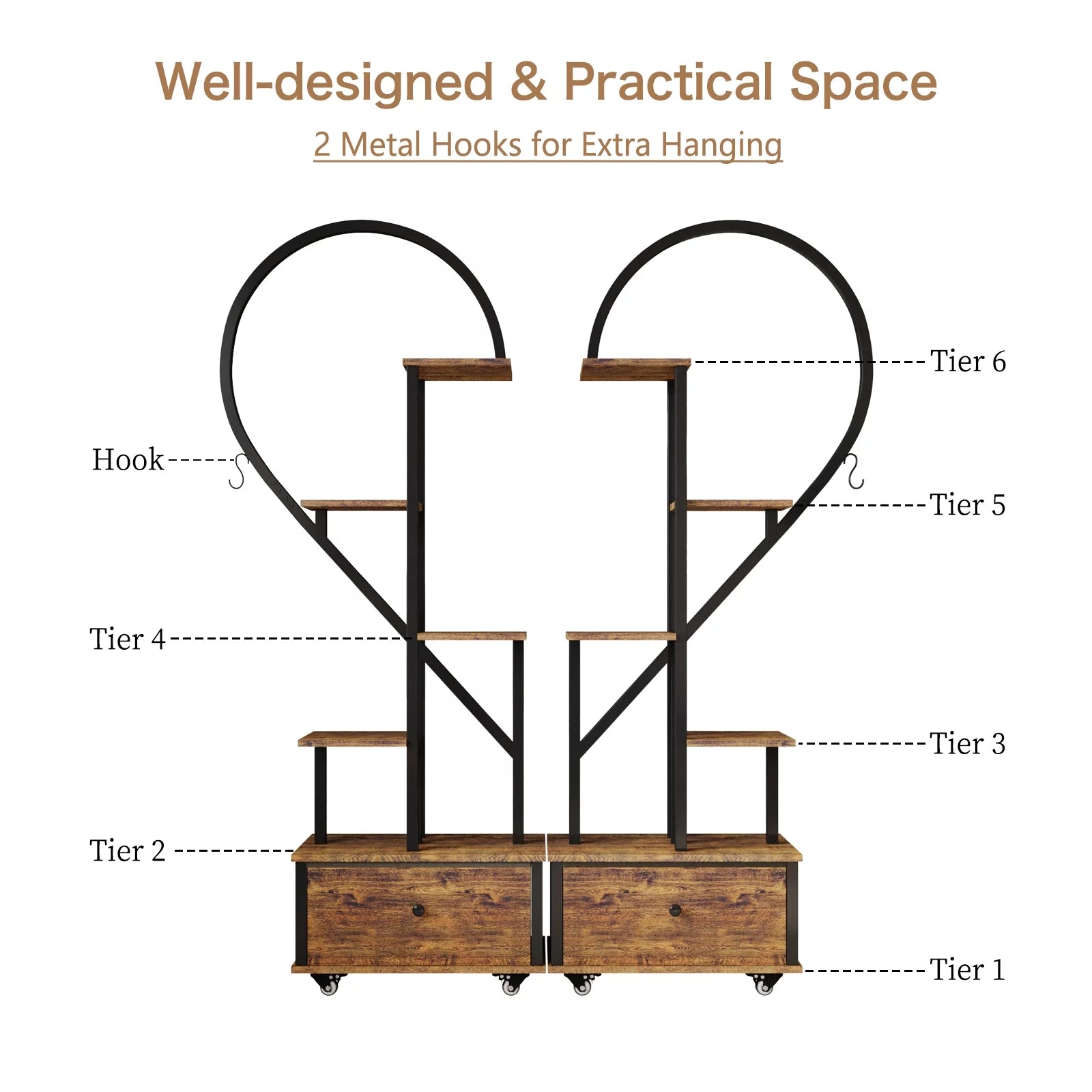 6 Tier Metal Plant Stand with Drawer and Roller, 2pcs S796