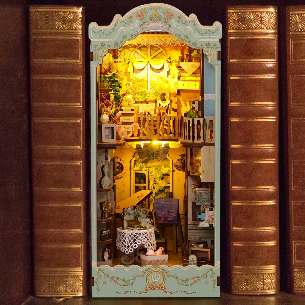 DIY Book Nook Kit, 3D Wooden Puzzle Bookshelf Insert Decor with LED Light B47802