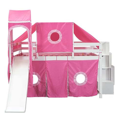 Full Loft Bed with Slide, Storage Stairs, and Tent, Dark Blue T6822