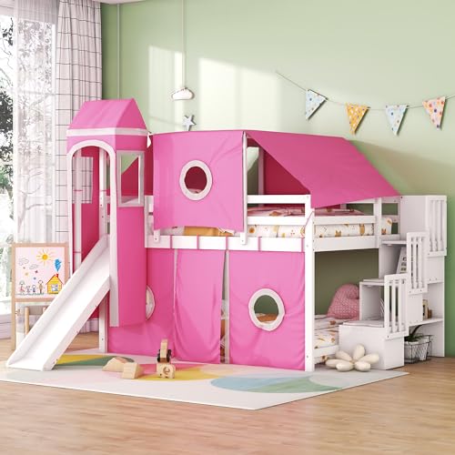Full Loft Bed with Slide, Storage Stairs, and Tent, Dark Blue T6822