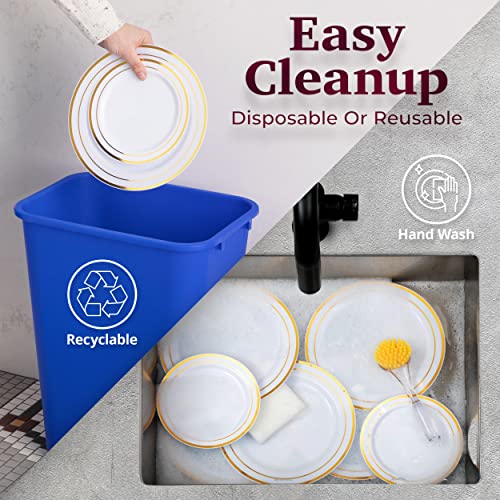100 White Plastic Plates with Gold Trim, 50 Dinner Plates 10.25" + 50 Salad Plates 7.5" B731