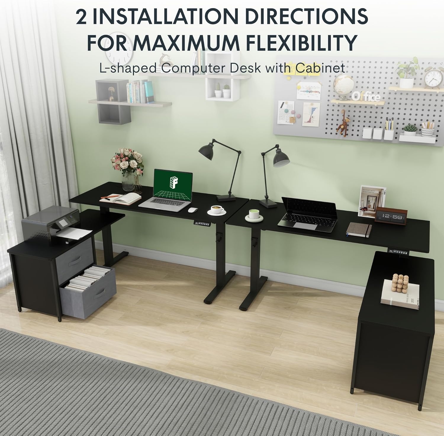 Black L Shaped Standing Desk with Drawers H38219