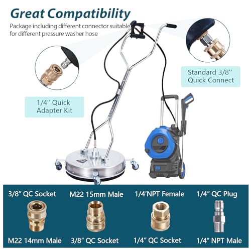 24" Pressure Washer Surface Cleaner with Dual Handle, 4 Wheels, 3/8" Quick Connect, 2 Replacement Nozzles, Stainless Steel V10172