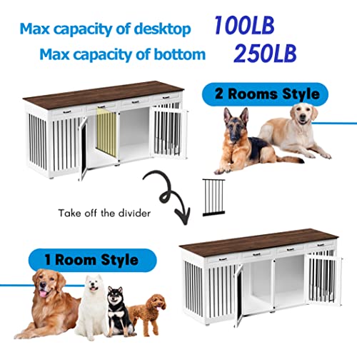 White 86.6 Inch Wooden Dog Crate with Drawers W222687