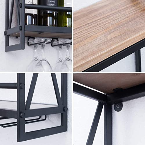 Black 2-Tiers Wood Floating Shelves with 4 Stem Glass F3521
