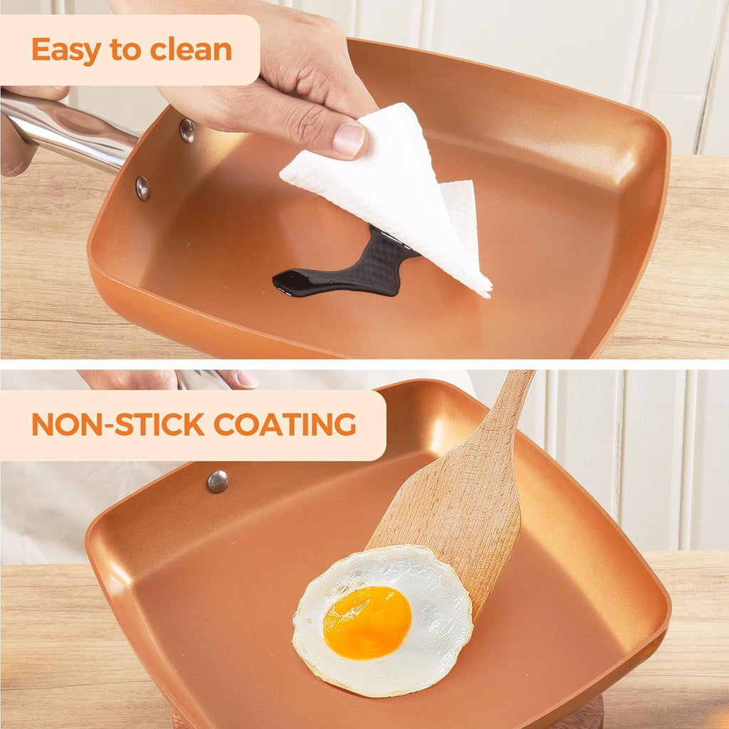 9.5" Non-Stick Copper Square Frying Pan with Ceramic Coating H2442