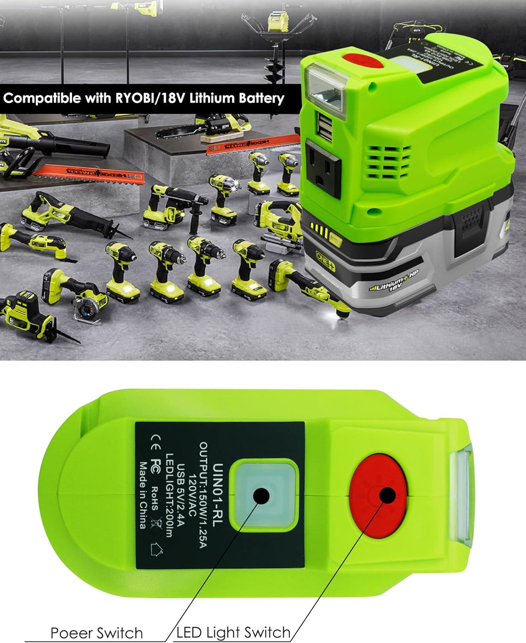 150W DC 18V to AC 110V-120V Power Inverter with AC Outlet Dual USB Outlet LED Light M823