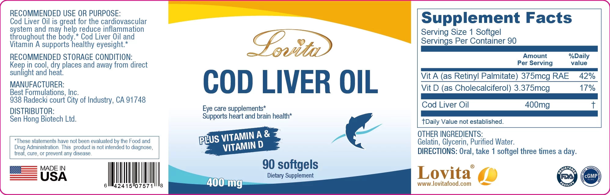 Cod Liver Oil 400 mg Omega 3 with Vitamin A & Vitamin D3 90 Softgels (Pack of 3) B862488