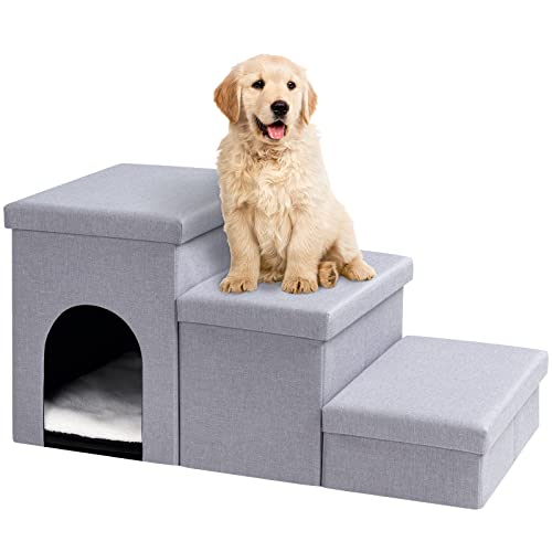 Gray 3 Steps Dog Stairs with Storage C87874