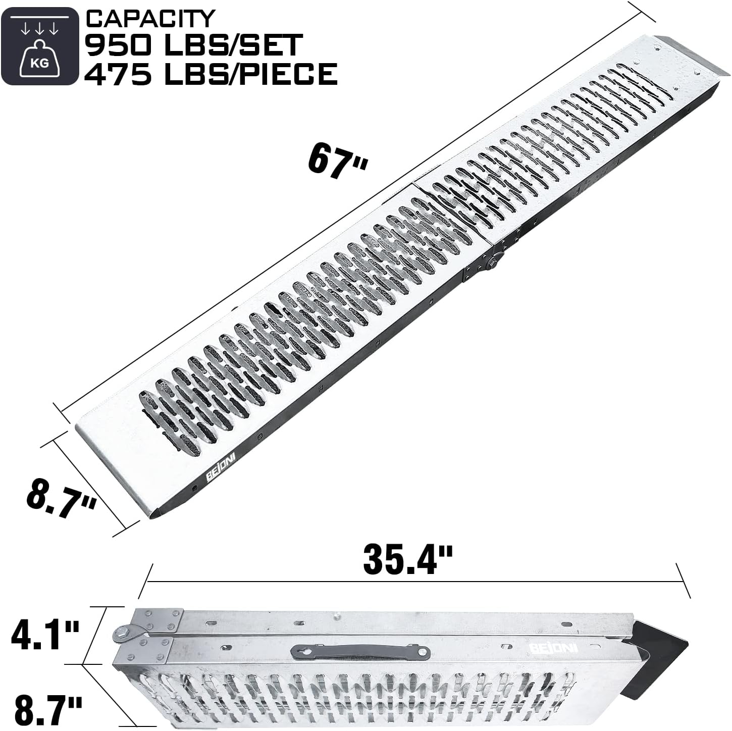 67'' x 8.7'' Folding Heavy Duty Steel Loading Ramps, 950 lb Capacity, 1 Pair O8697
