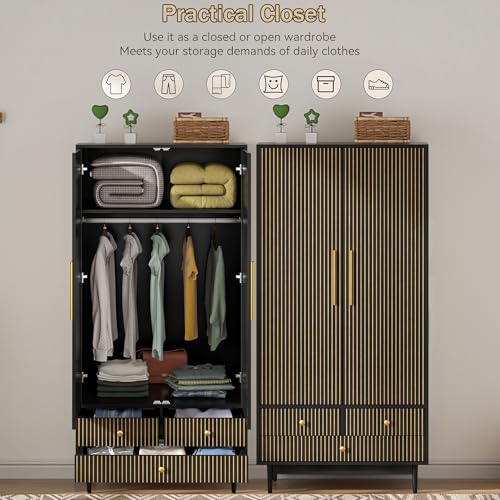 White 64.96" Wooden Armoire Wardrobe with 2 Doors, Hanging Rod, Shelf, 3 Drawers M69198