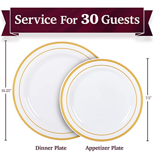 100 White Plastic Plates with Gold Trim, 50 Dinner Plates 10.25" + 50 Salad Plates 7.5" B731