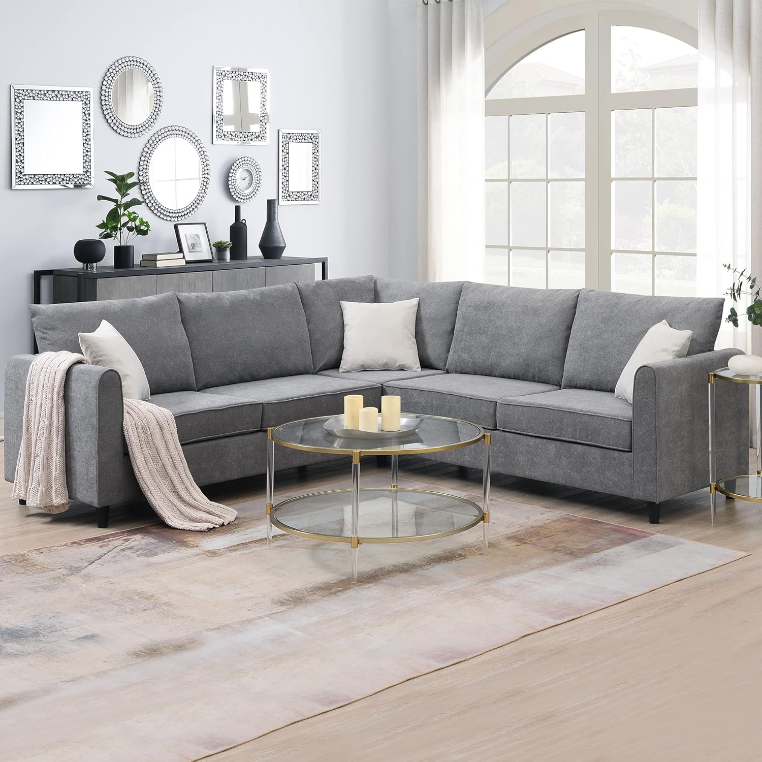 Gray L-Shape Upholstered Sectional Sofa with 3 Pillows U588