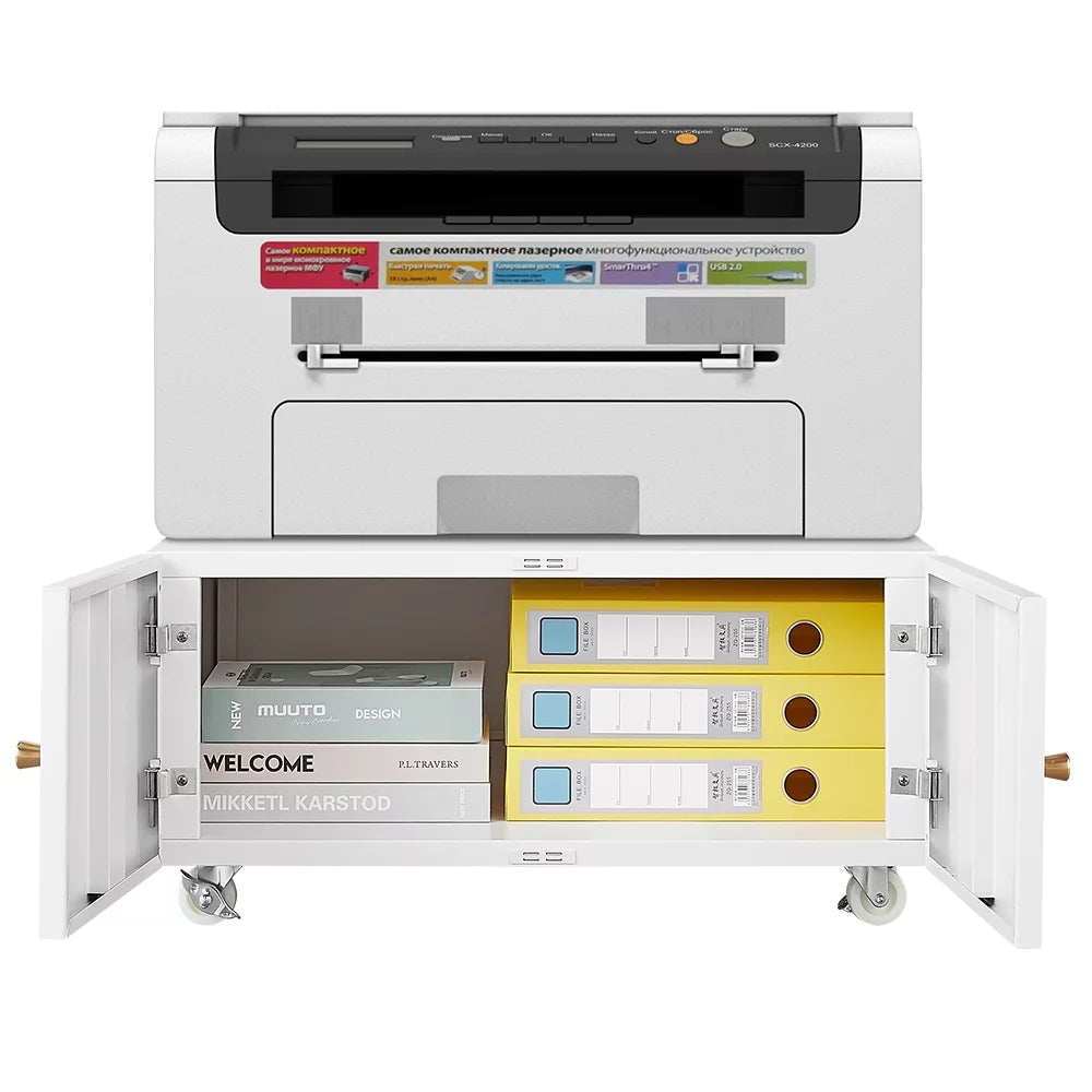 White Printer Stand with Storage Cabinet and Wheels G73557