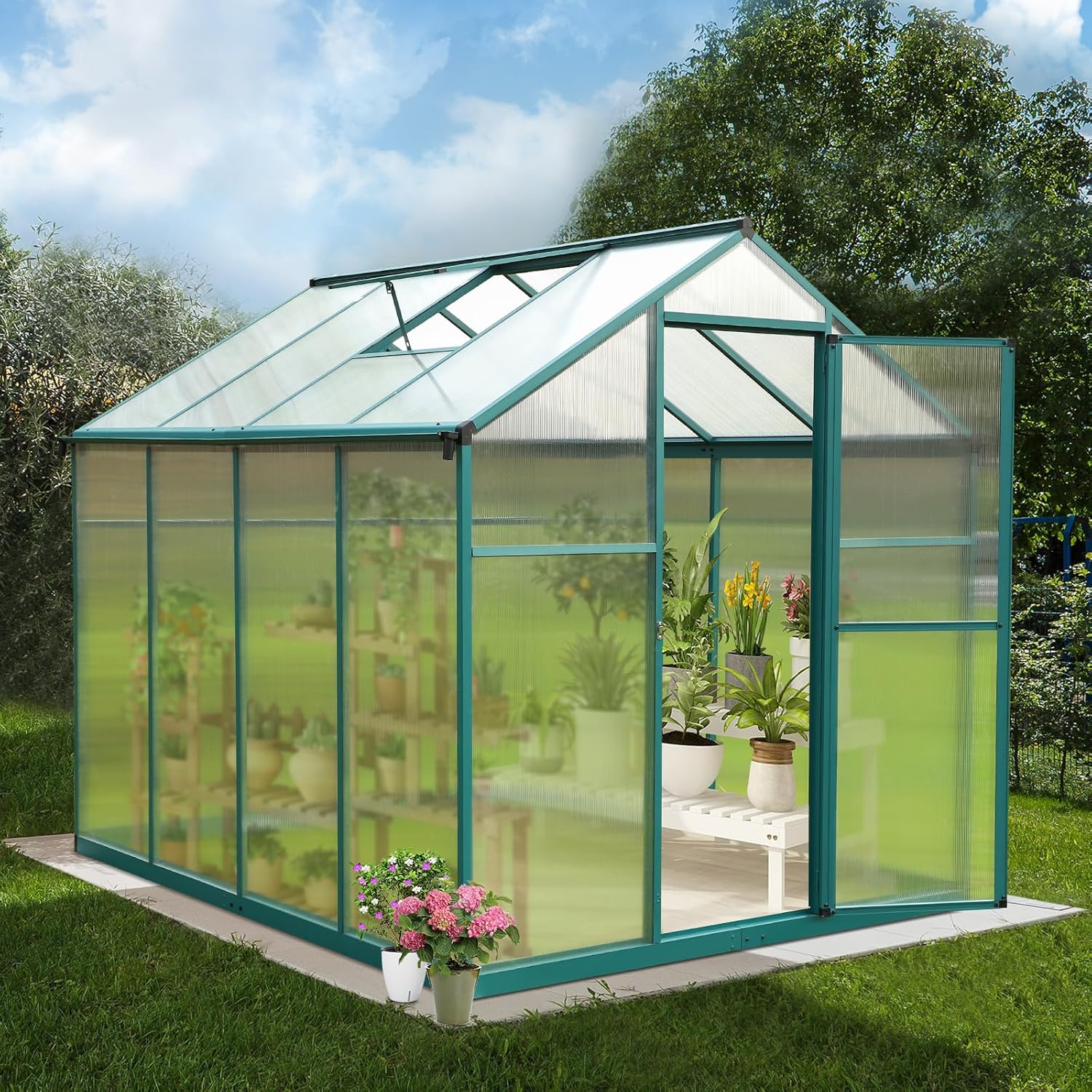 Aluminum Polycarbonate Greenhouse 6'x 8' with Adjustable Roof Vent and Rain Gutter W917979