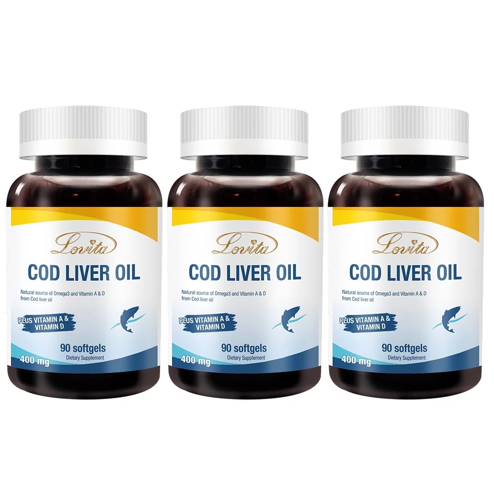 Cod Liver Oil 400 mg Omega 3 with Vitamin A & Vitamin D3 90 Softgels (Pack of 3) B862488
