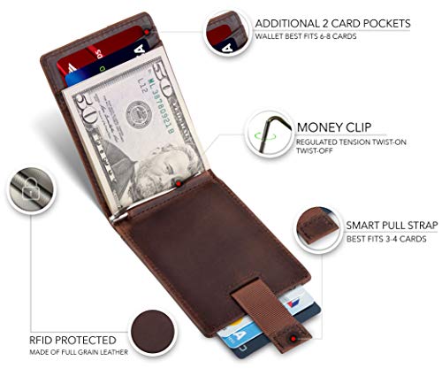 RFID Blocking Slim Bifold Genuine Leather Front Pocket Wallets with Money Clip O867