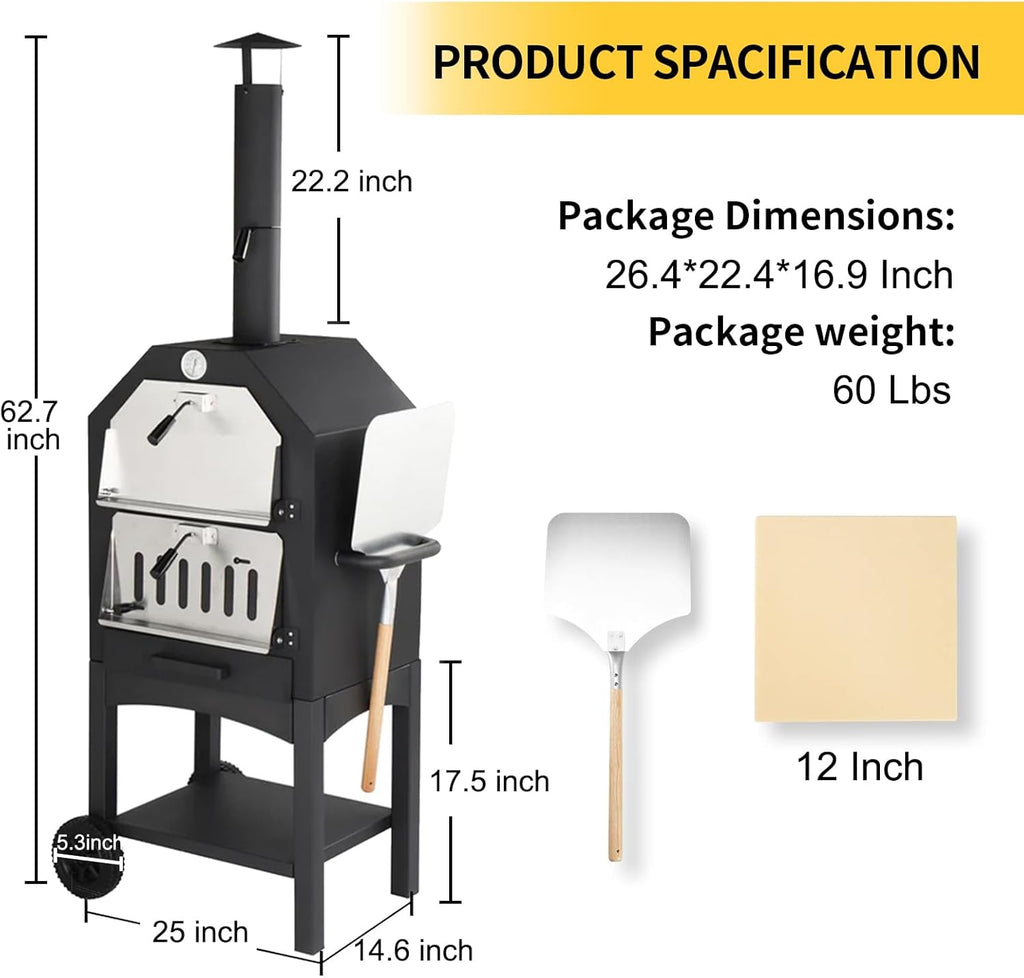 Black Portable Wood-Fired Pizza Oven with Pizza Stone K940904