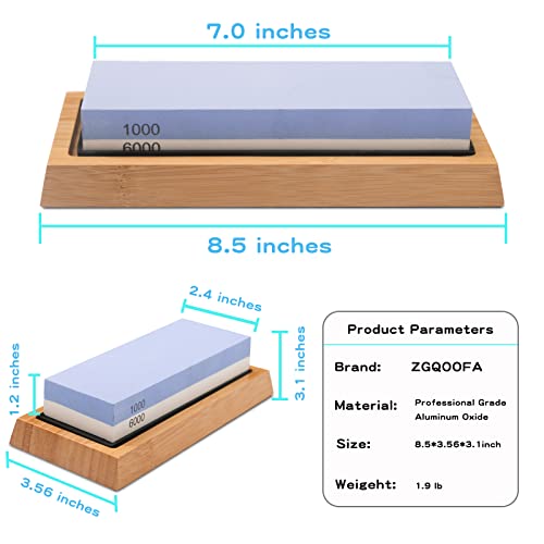 Double Sided 1000/6000 Grit Knife Sharpening Stone Kit with Bamboo Base and Angle Guide F707046