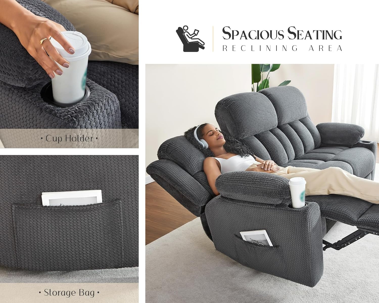 Grey 3 Seater Recliner Sofa with Cup Holders S939