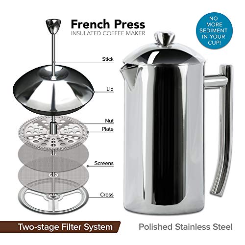 Polished 17 Ounces Double-Walled Stainless-Steel French Press Coffee Maker S741